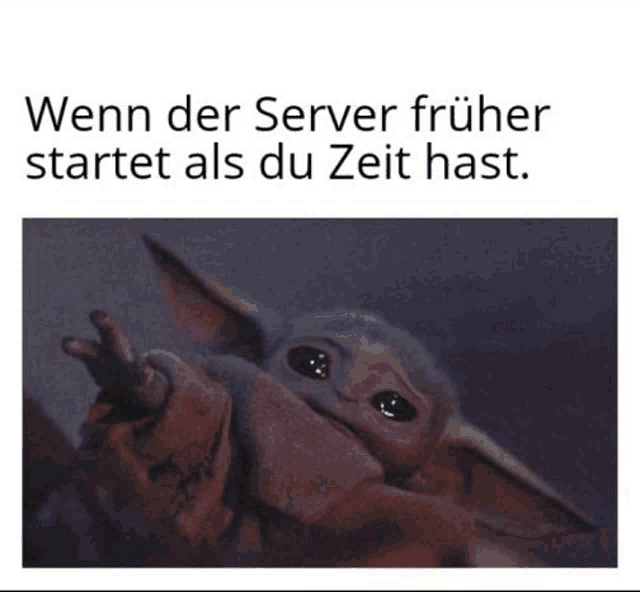 a picture of a baby yoda with the caption when der server früher startet als du zeit hast