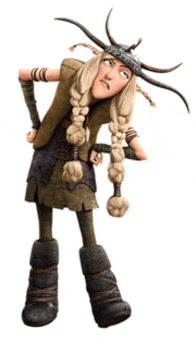 a cartoon character with braids and horns on her hat