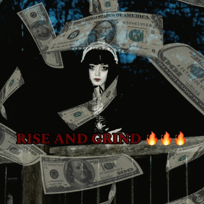 a woman is surrounded by hundred dollar bills and the words rise and grind are on the bottom