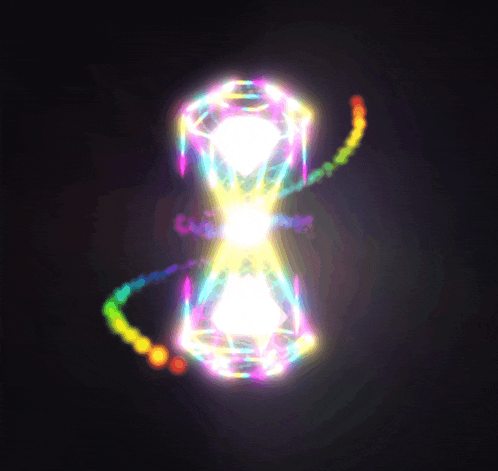 a rainbow colored hourglass with a diamond in the middle