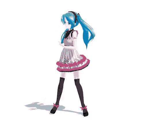a 3d anime girl with blue hair and a pink dress is standing on a white background