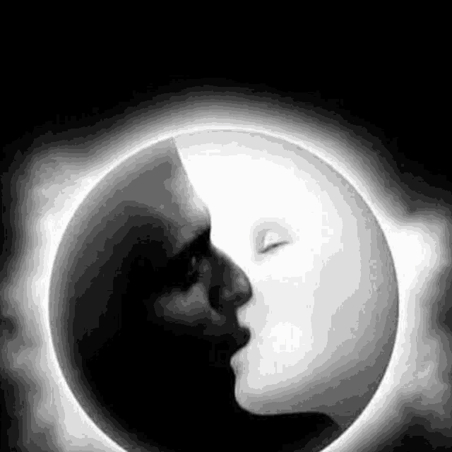 a black and white painting of a man and woman kissing in front of the moon .