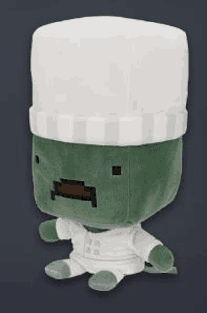 a stuffed animal is wearing a chef 's hat and a chef 's outfit .