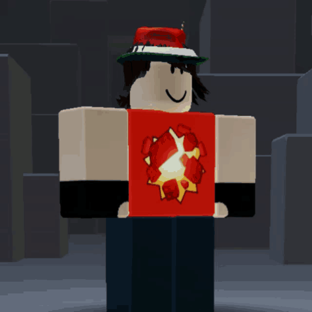 a cartoon character wearing a hat and a red shirt with a glowing heart on it