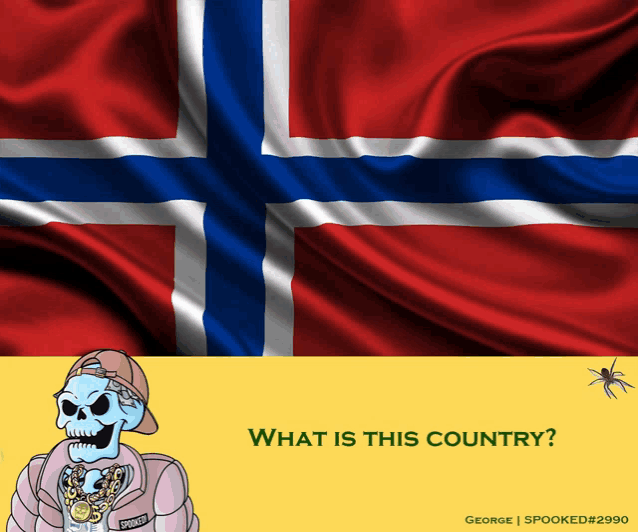 a cartoon of a skeleton in front of a norwegian flag with the question " what is this country "