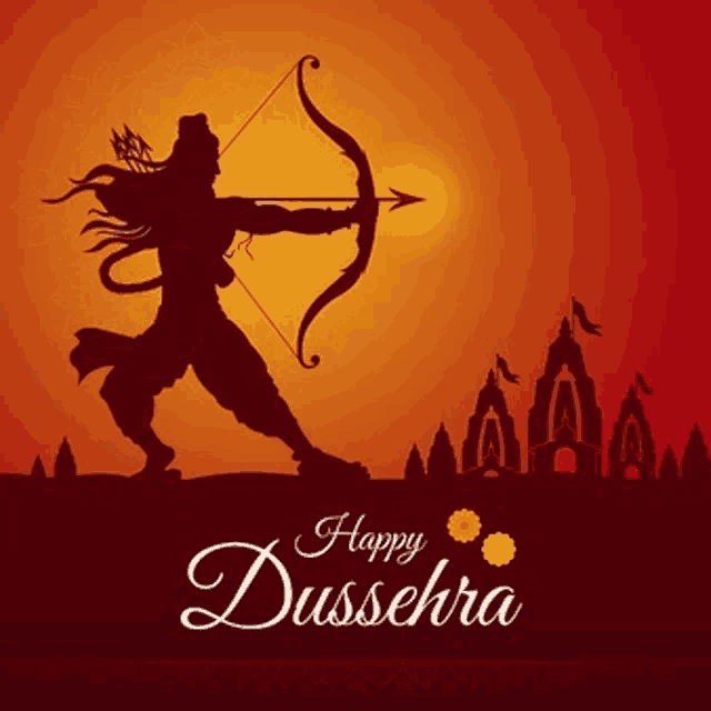 a silhouette of a man holding a bow and arrow with the words happy dussehra written below him