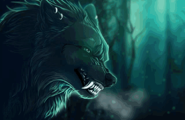 a drawing of a wolf with green eyes and fangs