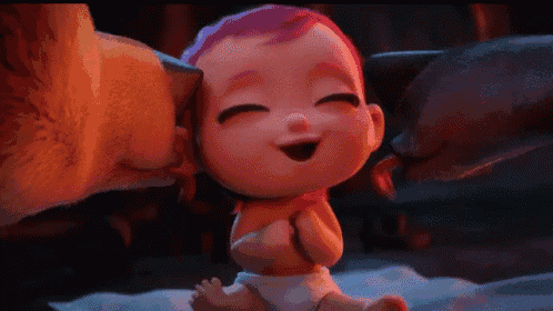 a baby in a diaper is being kissed by a bear in a cartoon .