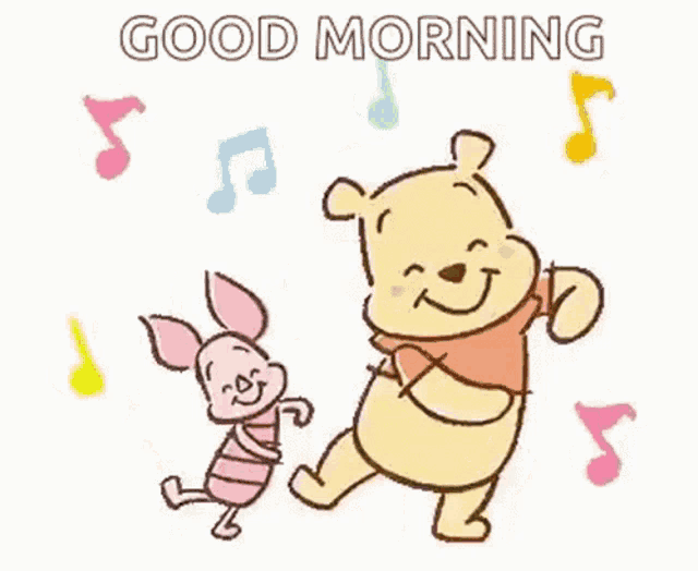 winnie the pooh and piglet are dancing together in a good morning greeting card .
