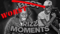 a black and white photo of two men with the words " best rizz moments " on it