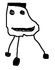 a black and white drawing of a stick figure with a smiling face and arms .