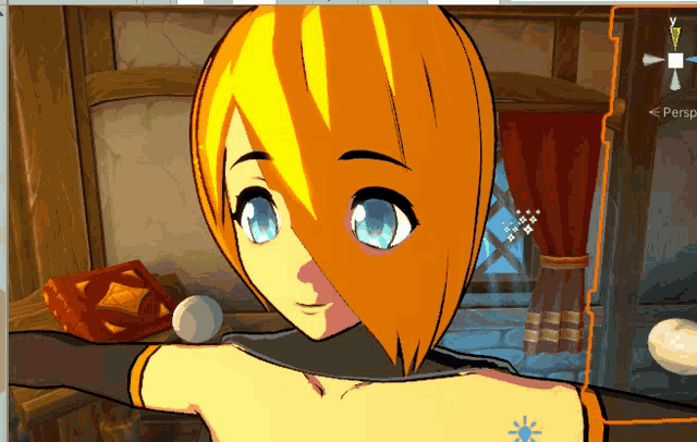 a cartoon character with orange hair and blue eyes is in a room with a window