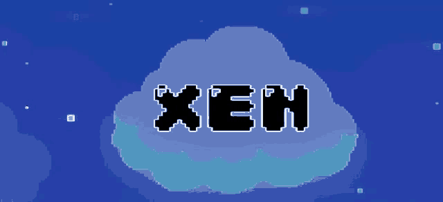 a pixel art illustration of a cloud with the word xen on it