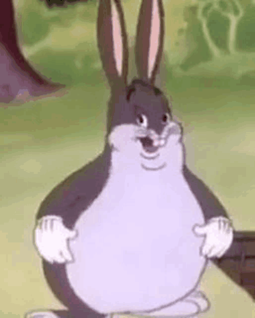 bugs bunny is a fat cartoon rabbit with a big belly and a big smile on his face .