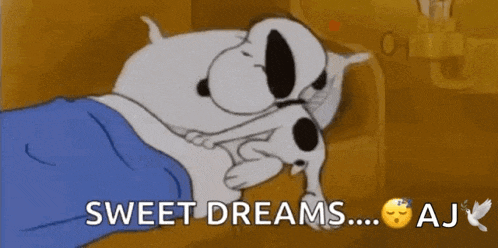 a cartoon dog is sleeping in a bed with the words `` sweet dreams ... aj '' .