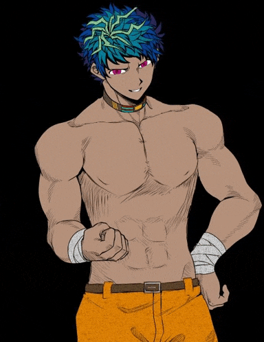 a shirtless anime character with blue hair is wearing orange shorts