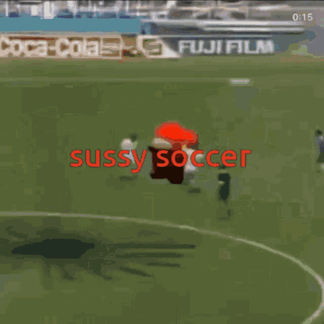 a soccer field with the words sussy soccer written in red