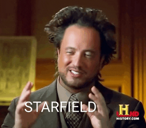 a man in a suit and tie is making a funny face while talking about starfield .