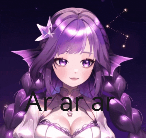 a picture of a girl with purple hair and the word aranar on the bottom