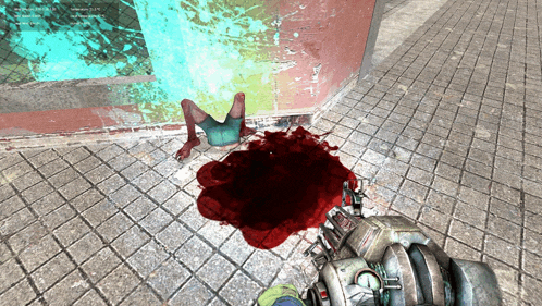 a computer screen shows a person laying on the ground with blood on the ground