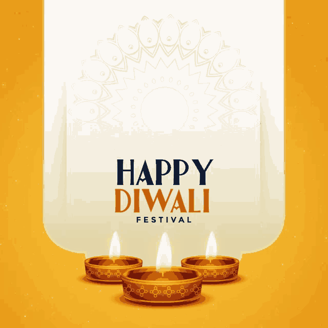 a happy diwali festival card with three lit candles on a yellow background