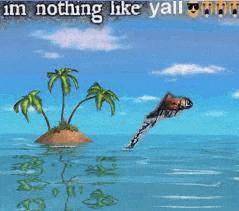 a dolphin is jumping out of the water near a small island with palm trees .