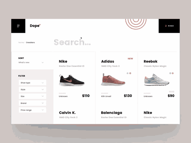 a display of shoes on a website that says search