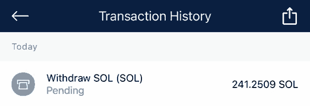 a phone screen shows a transaction history with a withdraw sol ( sol ) pending