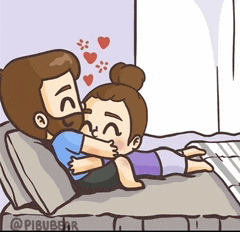 a cartoon of a man and a woman hugging on a bed .