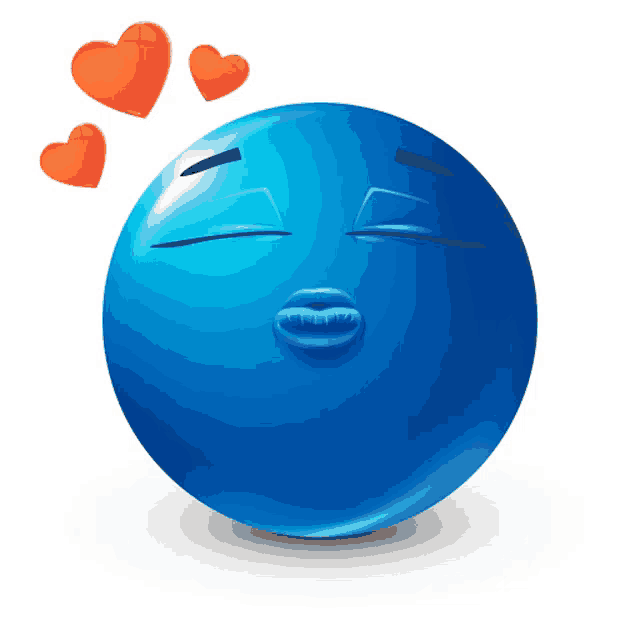 a blue smiley face is blowing a kiss with red hearts surrounding it