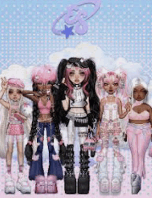 a group of dolls are standing next to each other on a blue and pink background .