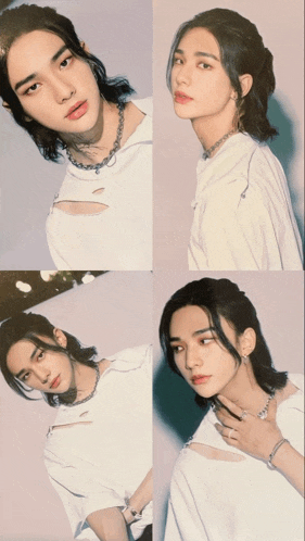 a collage of photos of a young man with long hair