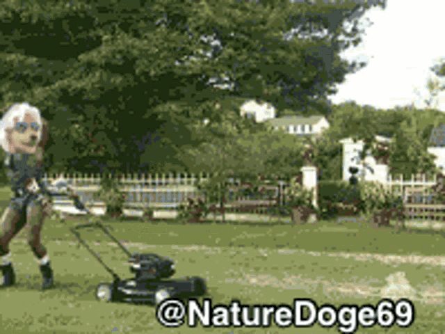 a dog mascot is mowing a lawn with a lawn mower and the hashtag naturedoge69