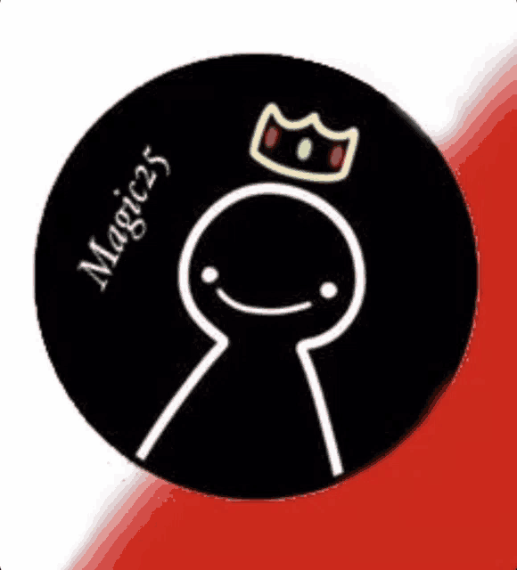 a black circle with a drawing of a person with a crown and the words magic25 on it