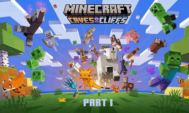 a poster for minecraft caves and cliffs part i shows a bunch of minecraft characters flying in the air .