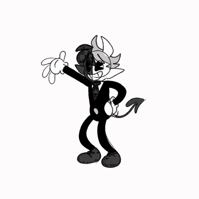 a black and white drawing of a cartoon character with a tail