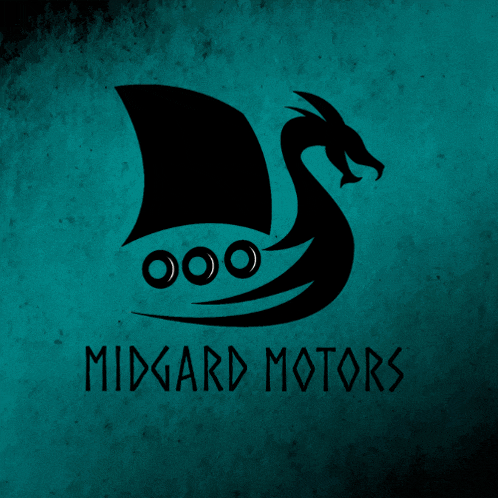 a logo for midgard motors with a dragon and a boat