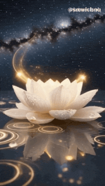 a white lotus flower is floating in the water with a galaxy in the background