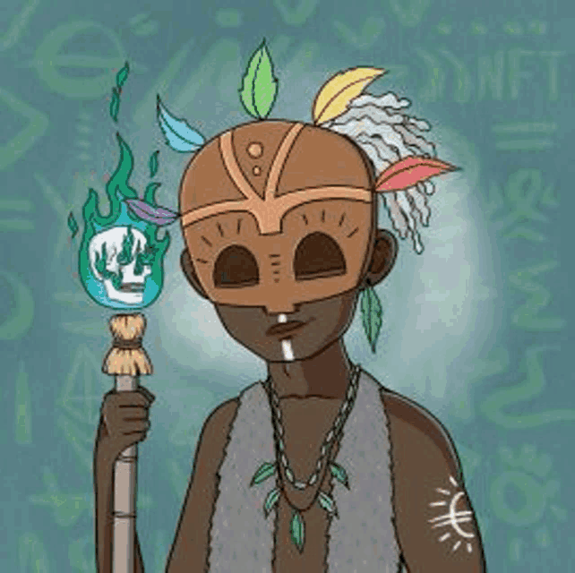 a cartoon of a man wearing a mask and feathers holding a torch .