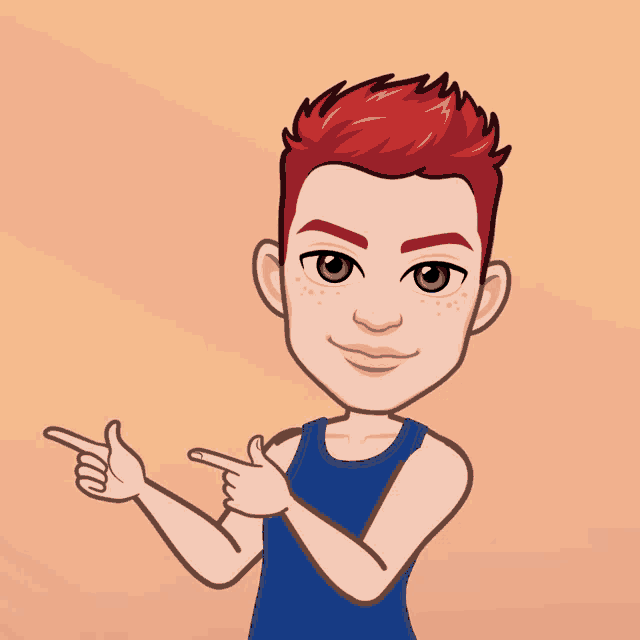 a cartoon of a man with red hair pointing to the right