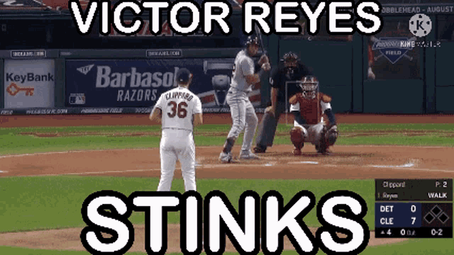 a baseball player named victor reyes is getting ready to hit the ball