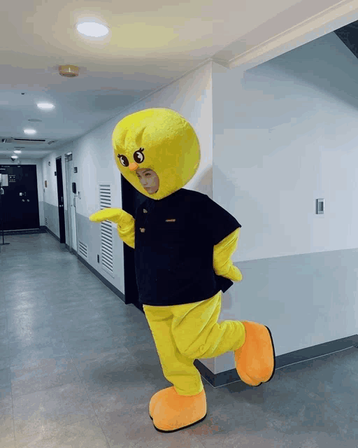 a person dressed in a yellow mascot costume with a black shirt