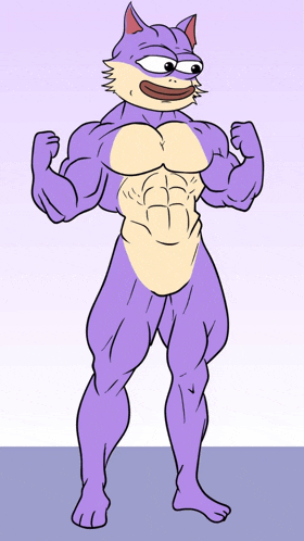 a cartoon drawing of a purple cat with muscles