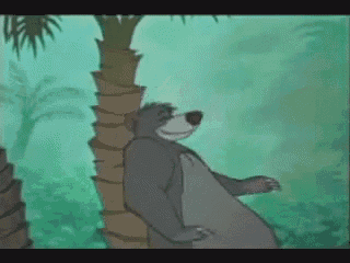 a cartoon of a bear leaning against a palm tree