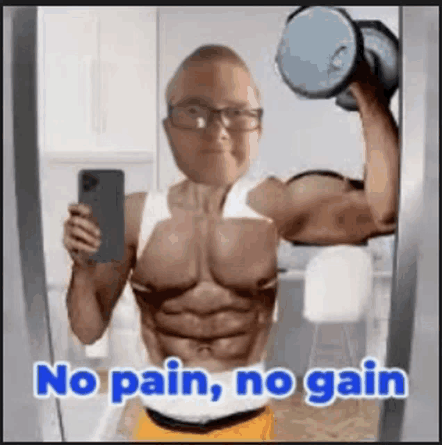 a man is lifting a dumbbell in front of a mirror with the words `` no pain , no gain '' .