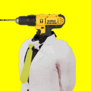 a man in a lab coat has a dewalt drill in his head