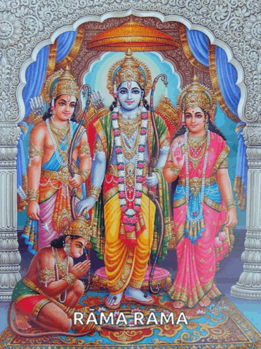 a painting of a group of deities with rama rama written below them