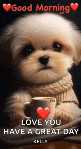 a picture of a puppy holding a cup of coffee with the words " good morning love you have a great day kelly "