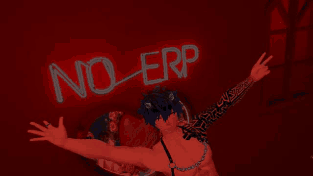 a person with their arms outstretched in front of a neon sign that says no erp