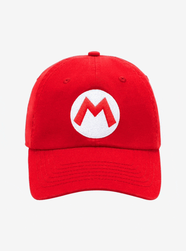 a red hat with a white circle with a red m on it